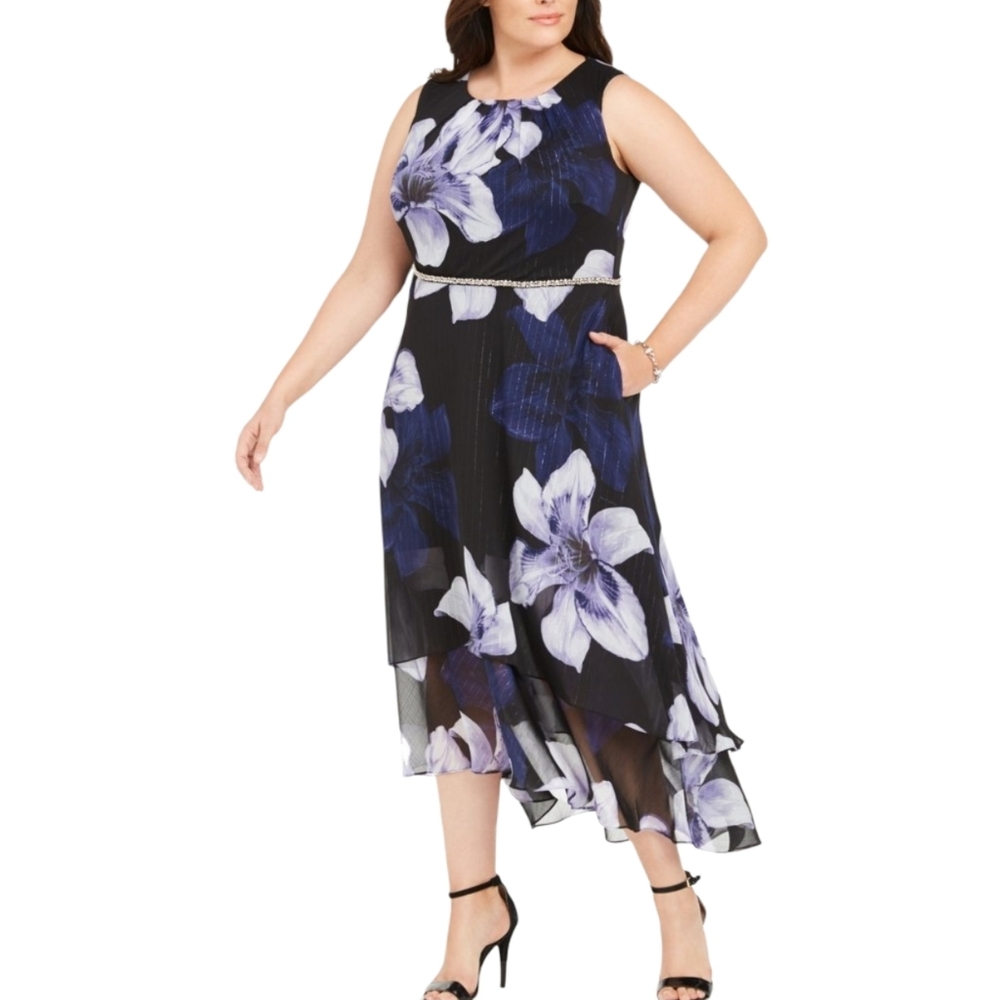 SLNY Black Blue Floral Print Chiffon High-Low Sleeveless Dress Size 16W New‎